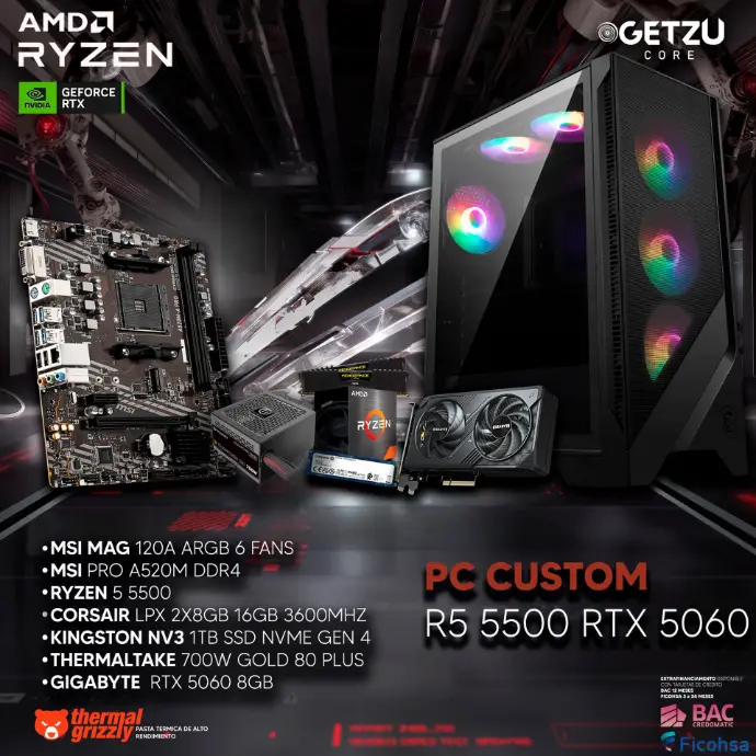 PC GAMING RTX 5060 8GB PROCESADOR R5 5500
